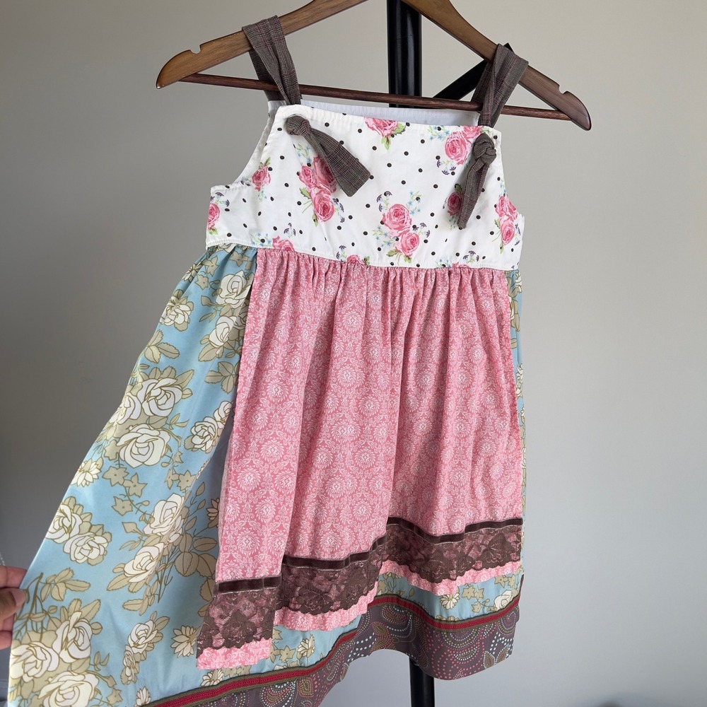 Matilda Jane Girls Size 10 Floral Patchwork Tiered Knot Dress Pink Blue Brown - Picture 3 of 12